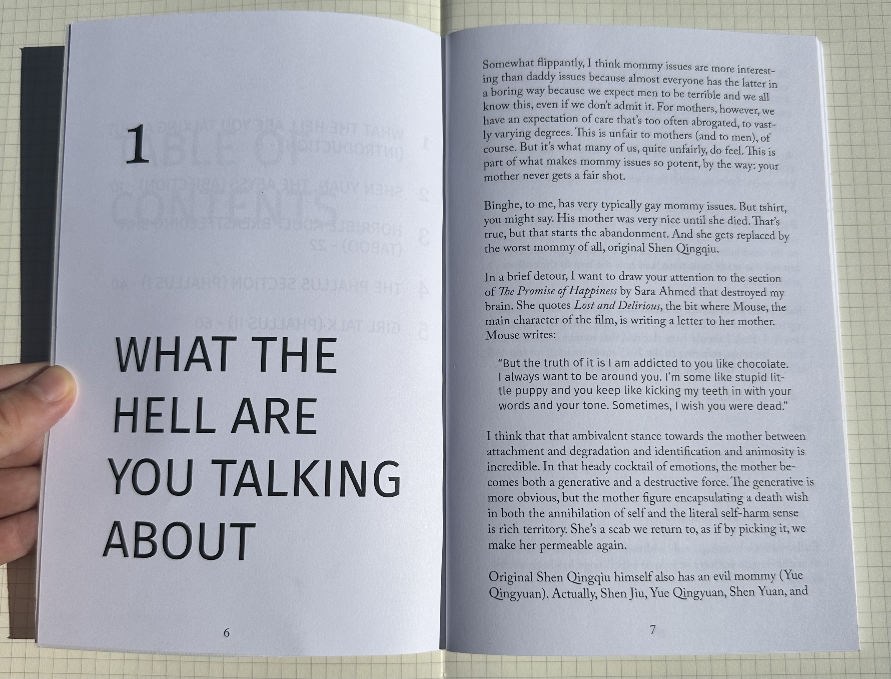 the inside of the zine. on the left page, the title is what the hell are you talking about. on the right is several paragraphs of text