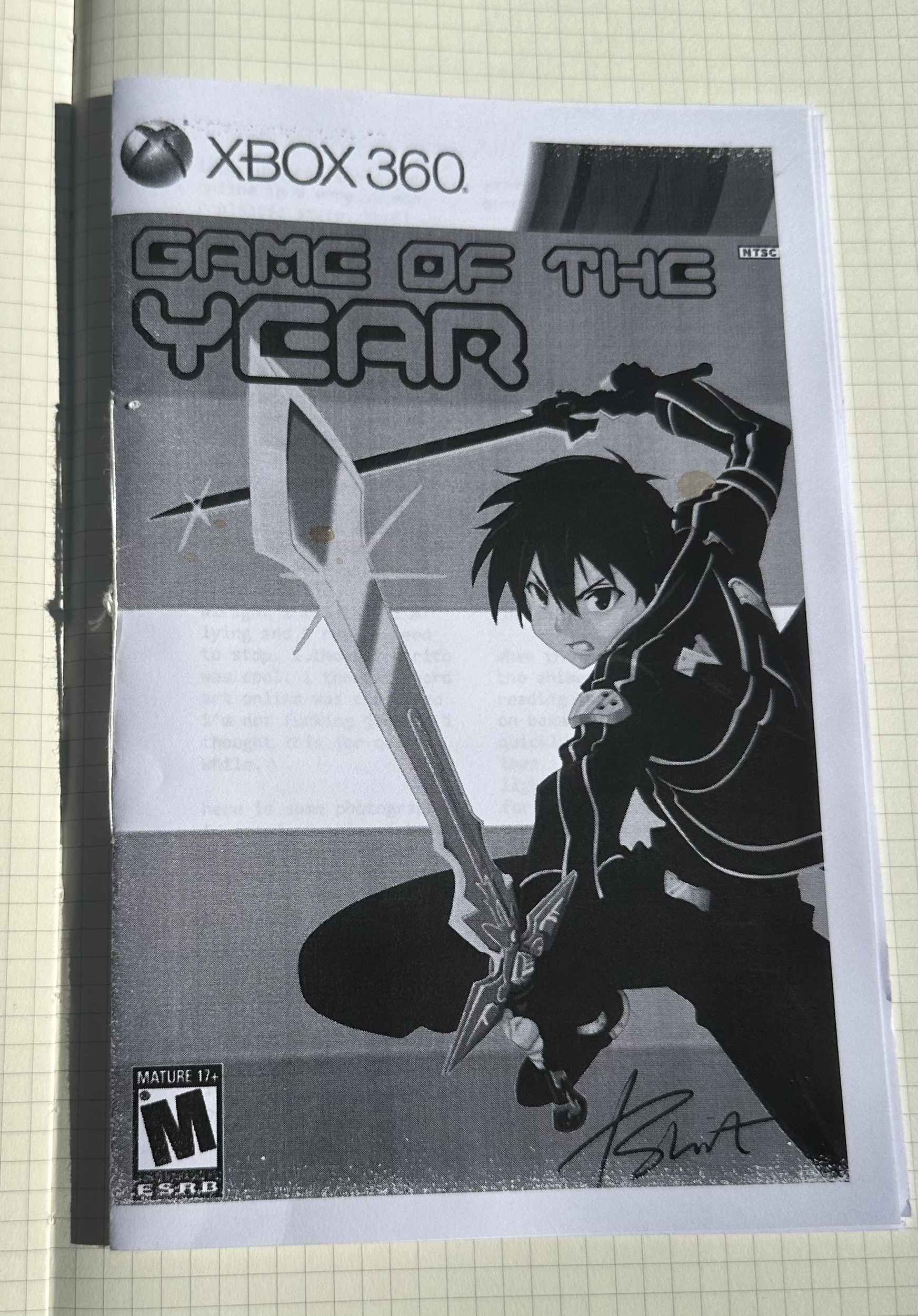 a black and white zine cover of kirito. the background is the trans flag. it is styled like an xbox 360 game.