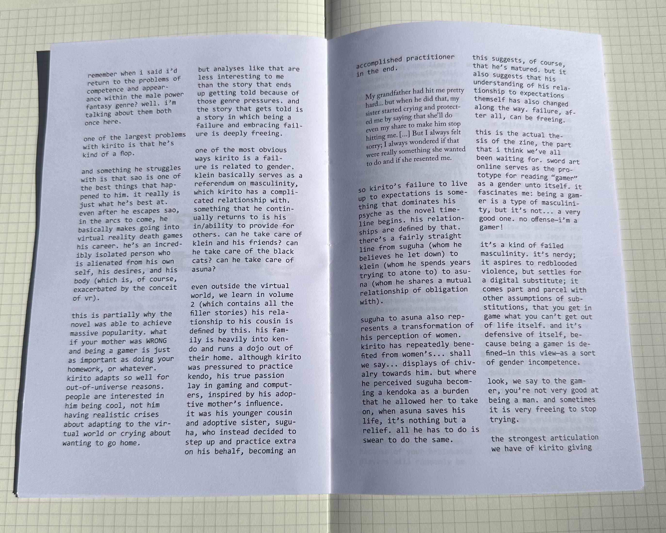 the inside of the zine. on the left page, there are two columns of monospaced text. on the right, the same.