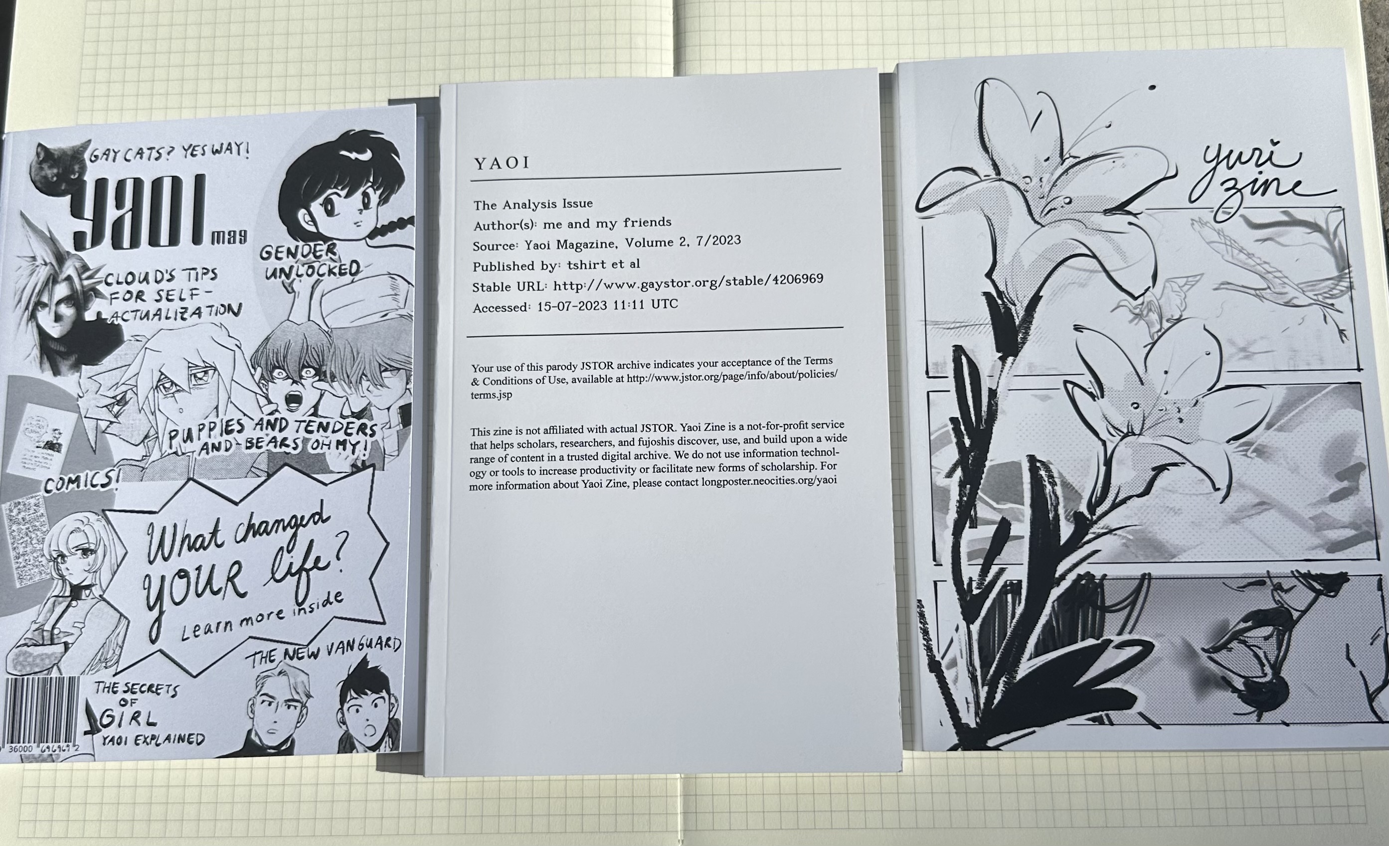 three black and white zine covers. the first is styled like a teen magazine with various anime characters collaged. the second is styled after a jstor title page. the third has a ink drawing of lilies over three panels of indistinct birds, flowers, and a lipsticked mouth.