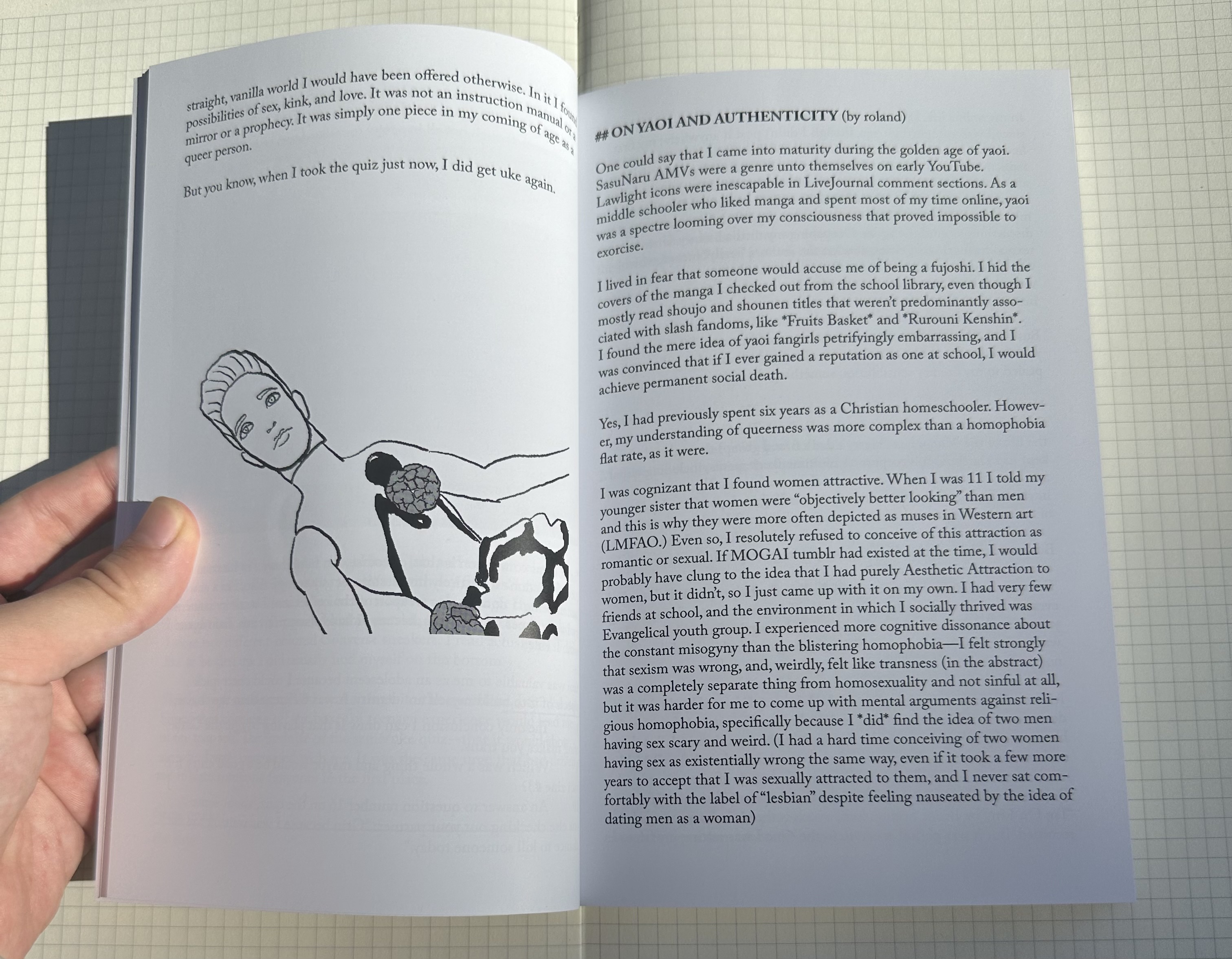 the inside of the zine. on the left page, there is some text and then a drawing traced from the semeuke test website of a naked ken doll with sundae toppings on him. on the right page is an essay titled ON YAOI AND AUTHENTICITY.