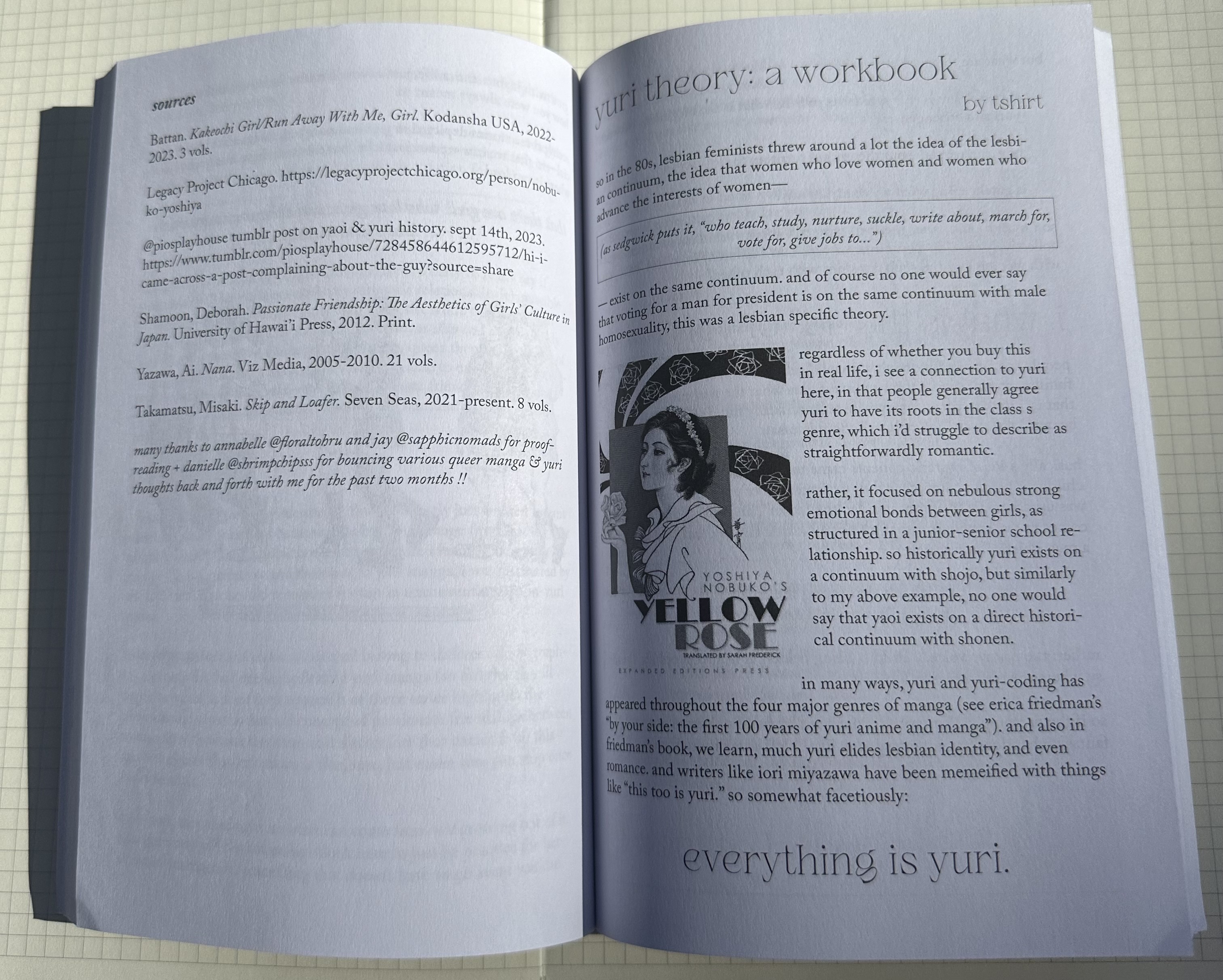 the inside of the zine. on the left page is a work cited section. on the right page is an entry titled yuri theory: a workbook.