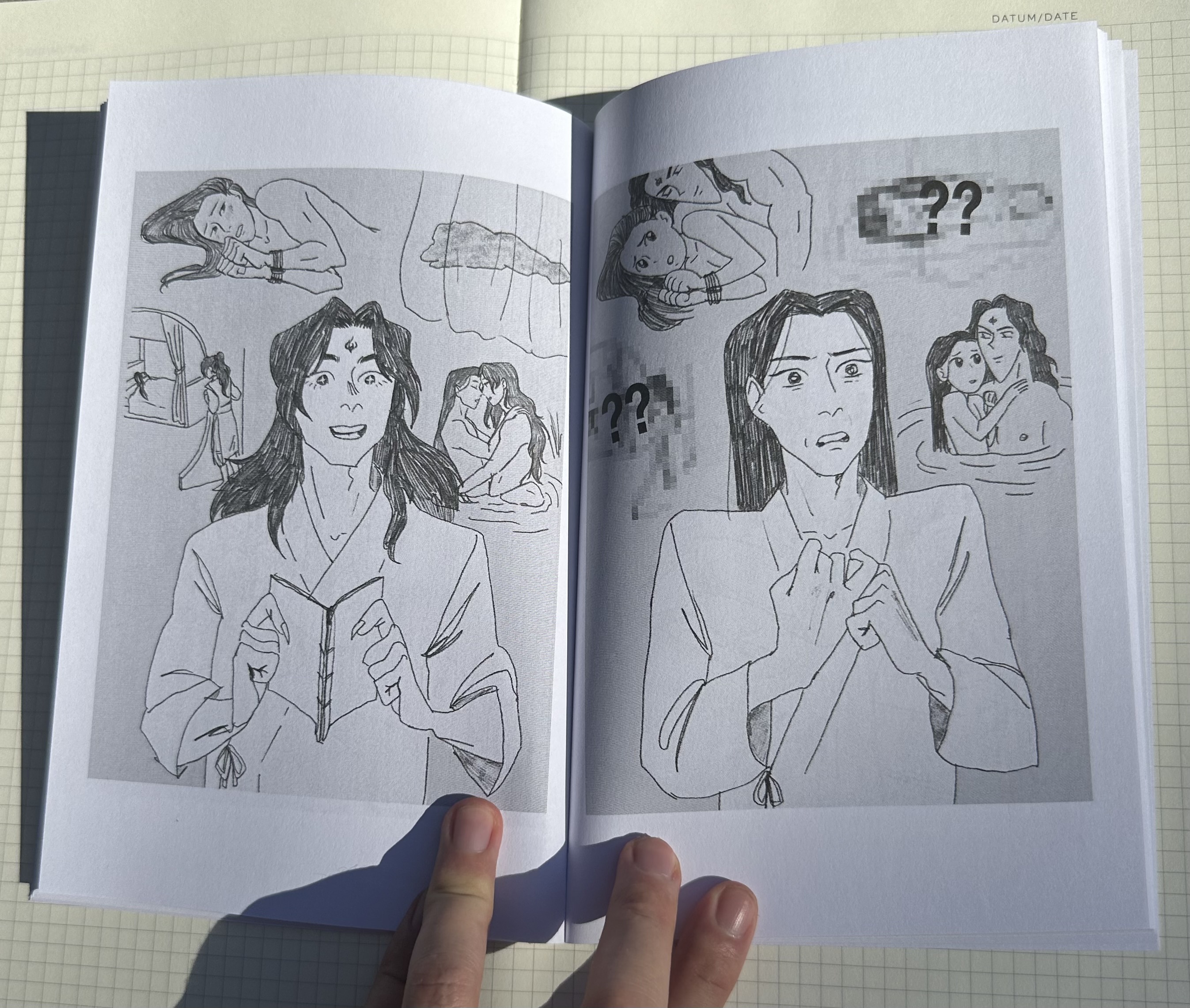 the inside of the zine. on the left page is a drawing of binghe envisioning scenes from the regret of chunshan. he appears excited. on the right page is shen qingqiu imagining those same scenes but yaoified. he looks taken aback.