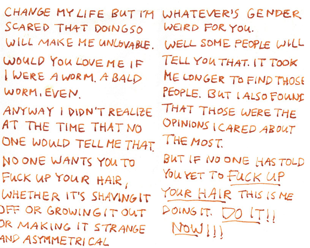 change my life but i’m scared that doing so will make me unlovable. would you love me if i was a worm. a bald worm, even. anyway i didn’t realize at the time that no one would tell me that. no one wants you to fuck up your hair, whether it’s shaving it off or growing it longer or making it strange and asymmetrical whatever’s genderweird for you. well. some people will tell you that. it took me a little longer to find those people. but i also found that those were the opinions i cared about the most. but if no one has told you yet to FUCK UP YOUR HAIR this is me doing it. do it!!! NOW! 